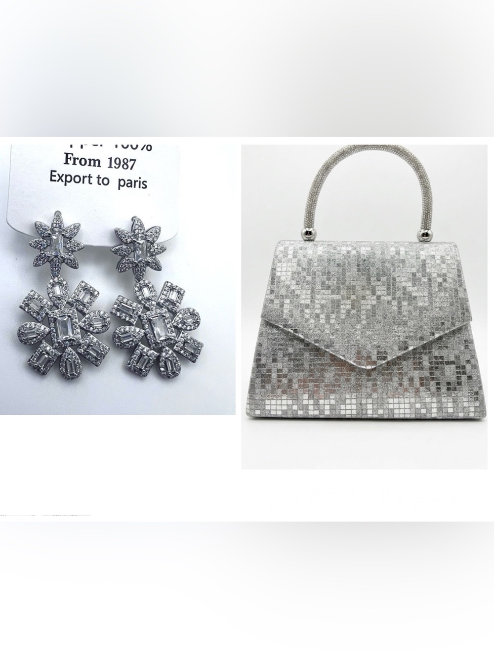 ✨ Silver Rhinestone Statement Earrings + Matching Evening Bag Bundle ✨